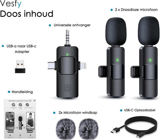 Vesfy Pro Microfoon Draadloos - Geschikt voor iPhone, Android en Camera - Plug & Play - 20 Meter Bereik - 2 Stuks - Microfoon
