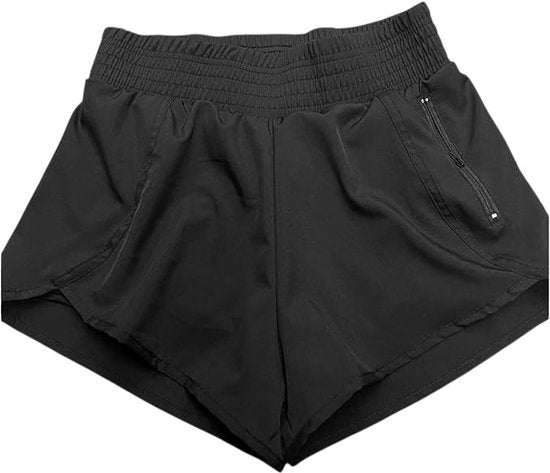 SparkNine Zipease short dames - dubbellaags - met zak - ritssluiting - korte sportbroek - XL - zwart - elastische taille - sneldrogend - functioneel & comfortabel