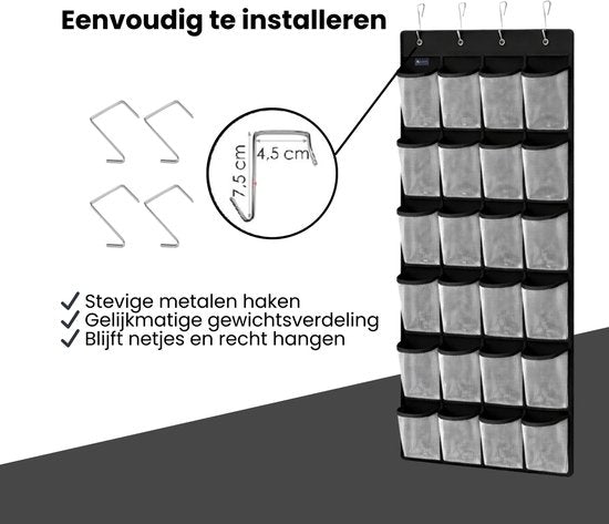 Schoenenkast Hangend - Schoenenzak 24 vakken - Opbergen van Schoenen aan Deur - Schoenenzak Zwart - Wit - Oplossing voor rondslingerende schoenen - Hoogwaardige Schoenenkast
