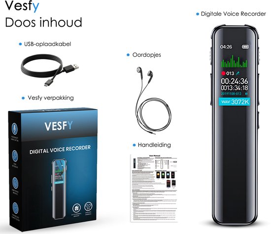 Vesfy Afluisterapparatuur met MP3 Speler - USB Oplaadbaar - 64GB - Incl. Oordopjes - Dictafoon - Voice Recorder - Spy