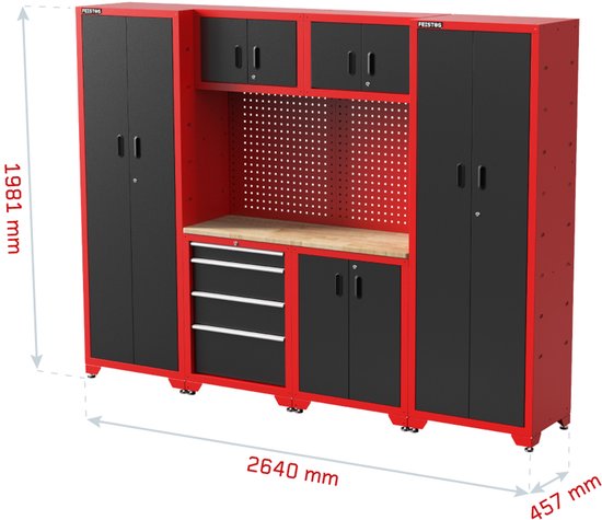 Feistos Juno 14 Gereedschapswand Hoog - 46x264x198 cm - Zwart/Rood
