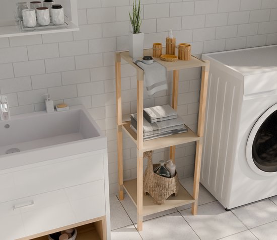 Fixwood Houten Modulaire Opbergrek – Massief Hout & Kunststof – Badkamerrek, Keukenrek of Plantenrek – 72 cm Hoog – Beige-Naturel