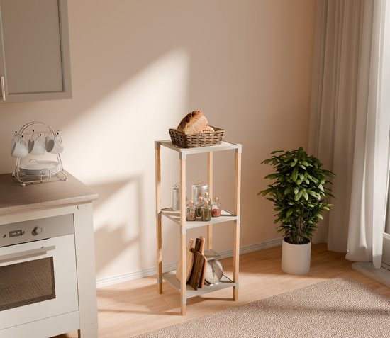 Fixwood Houten Modulaire Opbergrek – Massief Hout & Kunststof – Badkamerrek, Keukenrek of Plantenrek – 72 cm Hoog – Beige-Naturel