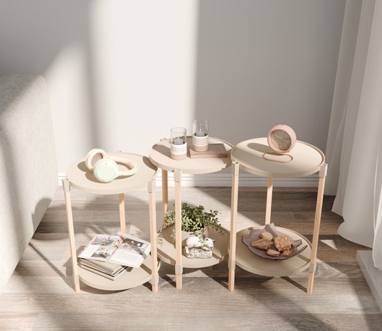 Fixwood 2-Laags Plantenstandaard Set van 3 – Massief Hout & Kunststof – Modern Bloemenrek – Plantenhouder Binnen – Scandinavisch Design – Beige – 2-Tier Plant Stand