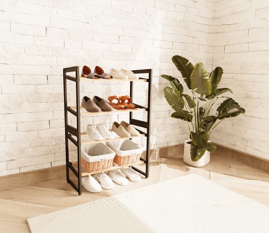 FixWood Houten Schoenenrek – 2-in-1 Stapelbaar Schoenenrek – 2 of 4 Lagen – Compact, Duurzaam en Stijlvol – Zwart-Hout – 65x26x52 cm