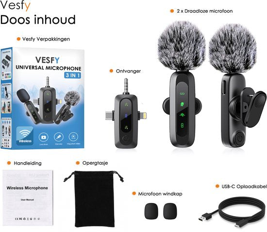 Draadloze Microfoon - 2 Stuks - Geschikt voor iPhone, Android en Camera - Plug & Play - Meter Bereik