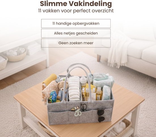 Luiertas Vilt - Grijs - Vilt - 32 x 22 x 19 cm - Luier Organizer - Draagbare Organiser met Handige Vakken - Verzorgingstas