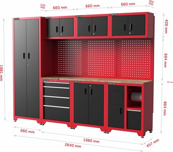 Feistos Gereedschapswand Hoge kast Juno 3- 46x264x198 cm - Zwart/Rood