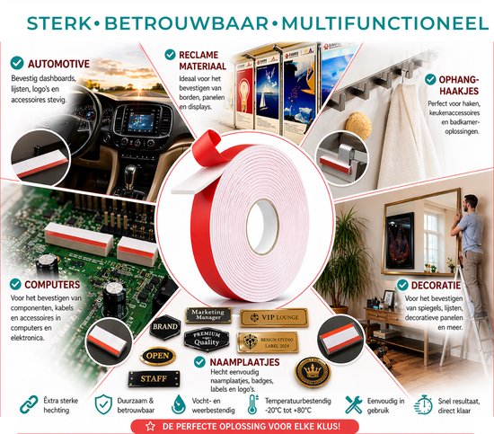 24ME® - Pakket van 5 rollen - 25 Meter Extra Sterk Dubbelzijdig PE Foam Tape - Wit - 20mm x 1mm - 5 Rollen Meter - Extra Sterke Kleefkracht