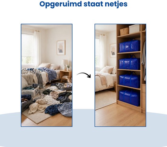 Opbergtassen XL - Blauw - 4 Stuks - 92 Liter - Verhuistassen - Big Shopper - Waterdicht - Opbergzak met Handvat