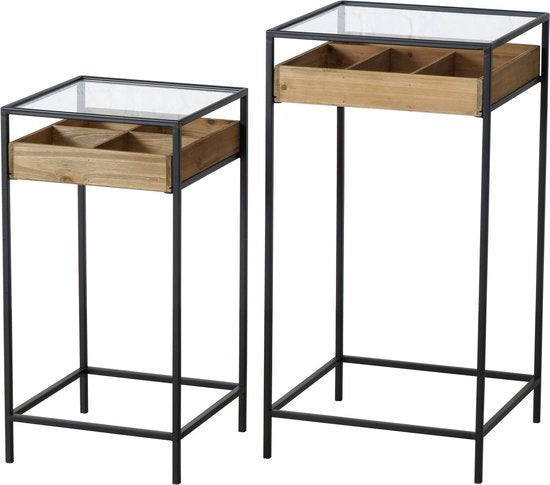 Set 2 Bijzettafels Tripoli Zwart metaal/glas 35x68 en-43x83 cm