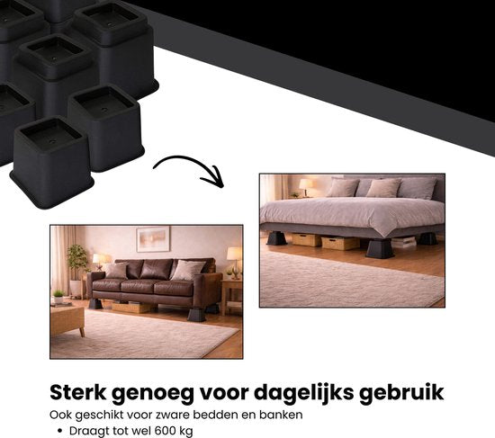 Meubelverhoger Set - Verstelbare Poten - 8 stuks - Zwart - 3 verschillende hoogtes: 10 cm, 15 cm of 22,5 cm