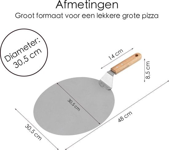 Pizzaschep - Pizzaschep RVS Rond voor BBQ of Oven - Houten Handvat 30cm Pizzaschep - Pizzaspatel - Taartschep -Spatel - Cadeau voor Pizzaliefhebber -