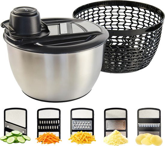 Slacentrifuge RVS 5L met Snij- en Raspmessen – Salade Spinner – Sladroger – Slakom met Mandoline – Groentesnijder – Julienne Snijder – RVS Mengkom