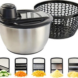 Slacentrifuge RVS 5L met Snij- en Raspmessen – Salade Spinner – Sladroger – Slakom met Mandoline – Groentesnijder – Julienne Snijder – RVS Mengkom