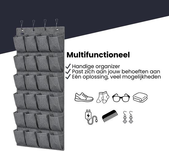 Schoenenkast Hangend - Schoenenzak 24 vakken - Opbergen van Schoenen aan Deur - Schoenenzak licht grijs - Oplossing voor rondslingerende schoenen - Hoogwaardige Schoenenkast