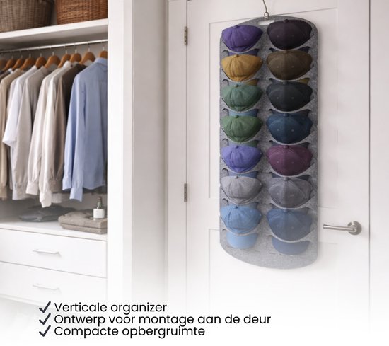 Cap Rack - Petjes Organizer voor aan Deur - Grijs - 14 Petten - Organizer voor Petjes en Caps - Petjes Opbergsysteem - Vilt - Petten Houder - Petten Opbergzak - Hat Holder - 130 x 46 cm