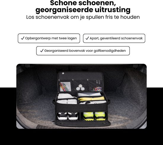 Golf Organizer Tas voor Kofferbak – Golf Accessoire Opbergbox met Schoenenvak – Waterafstotende Golf Opbergtas met Verstelbare Vakken – Golf Cadeau voor Heren & Dames – Zwart