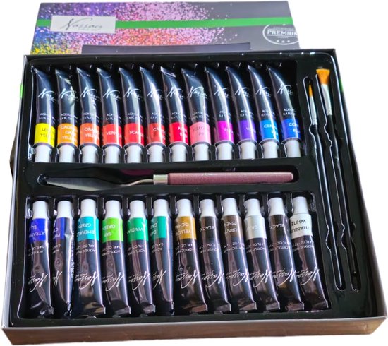 Nassau Fine Art Multipack Schilderset 2pcs. - Hobbyist - Volwassenen -Kinderen- Leren schilderen - 40x50cm-20x50cm-20x25cm-12.5x17.5cm - 24 * 12ml acrylverf 12 Kwasten Verjaardagscadeau Moederdag Vaderdag