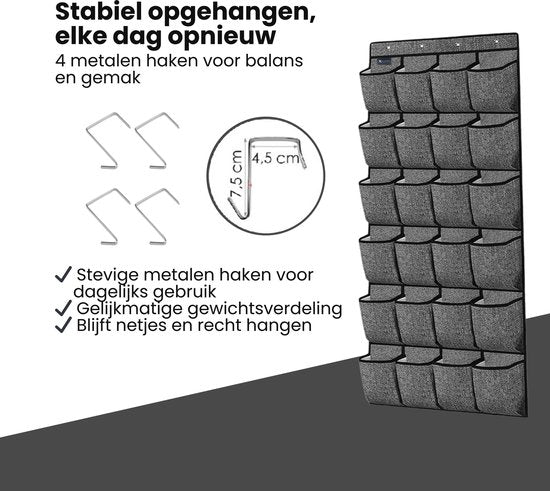 Schoenenkast Hangend - Schoenenzak 24 vakken - Opbergen van Schoenen aan Deur - Schoenenzak Grijs - Oplossing voor rondslingerende schoenen - Hoogwaardige Schoenenkast