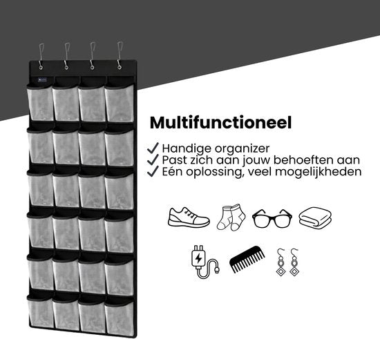 Schoenenkast Hangend - Schoenenzak 24 vakken - Opbergen van Schoenen aan Deur - Schoenenzak Zwart - Wit - Oplossing voor rondslingerende schoenen - Hoogwaardige Schoenenkast