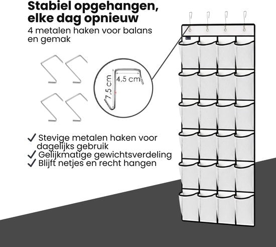 Schoenenkast Hangend - Schoenenzak 24 vakken - Opbergen van Schoenen aan Deur - Schoenenzak Wit - Oplossing voor rondslingerende schoenen - Hoogwaardige Schoenenkast