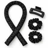 Heatless Curls Set – Krullen Zonder Hitte – Satijnen Krulband – Overnight Hair Curler – Inclusief 2 Scrunchies & Haarklem – Zwart