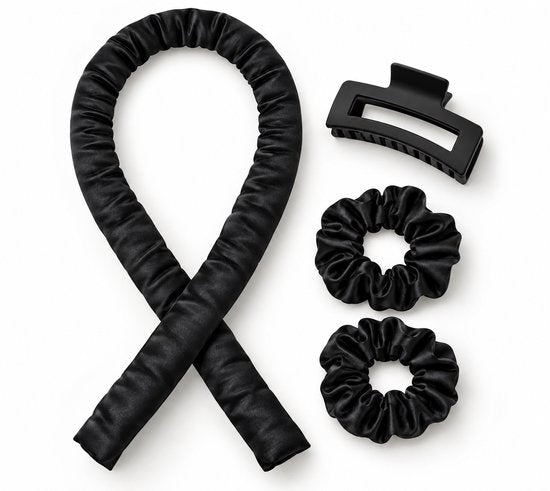 Heatless Curls Set – Krullen Zonder Hitte – Satijnen Krulband – Overnight Hair Curler – Inclusief 2 Scrunchies & Haarklem – Zwart