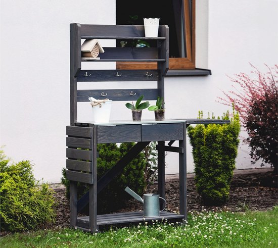 Houten oppottafel verrijdbaar plantentafel met lade en bak