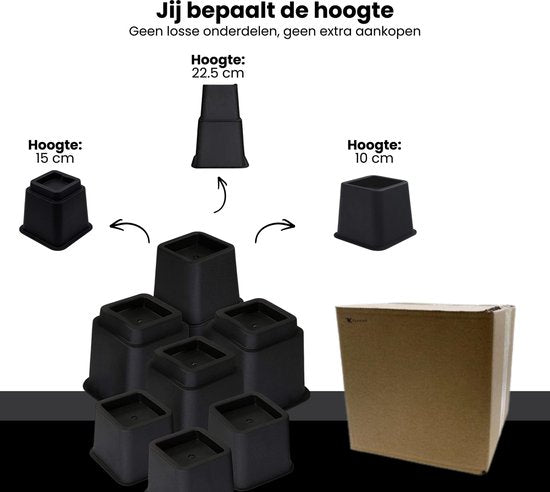 Meubelverhoger Set - Verstelbare Poten - 8 stuks - Zwart - 3 verschillende hoogtes: 10 cm, 15 cm of 22,5 cm