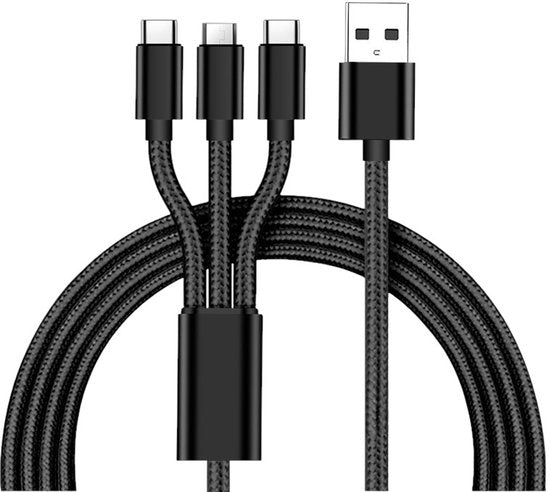 FLOKOO 3-in-1 USB Kabel – 1 meter – Snelladen & Dataoverdracht – USB naar USB-C - Micro-USB - Lightning – Nylon Gevlochten – Zwart - Oplaadkabel Telefoon