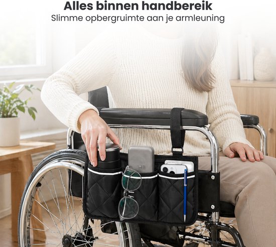 Rolstoeltas - Zwart - Armleuning Rolstoeltas - Waterafstotende Opbergtas voor Rolstoel - Rolstoel Organizer
