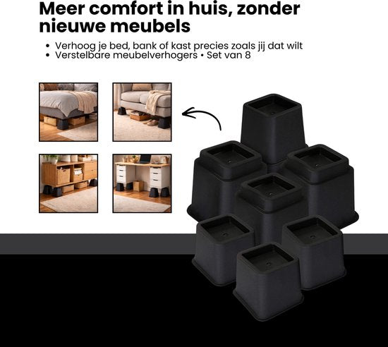 Meubelverhoger Set - Verstelbare Poten - 8 stuks - Zwart - 3 verschillende hoogtes: 10 cm, 15 cm of 22,5 cm