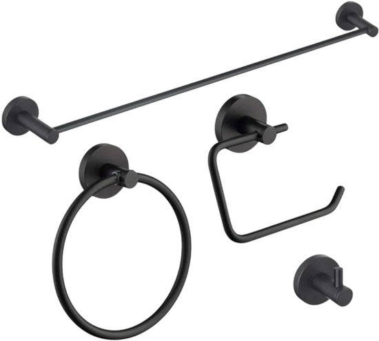Badkamer Accessoire Set - Zwart – 4-delig – Handdoekstang, WC Rolhouder, Handdoekring & Haak – RVS – Wandbevestiging – Modern Design