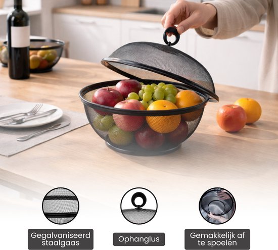 Fruitmand met Vliegenkap - Zwart - Diameter: 22,5 cm - Fruitopberger - Zwarte Fruitmand