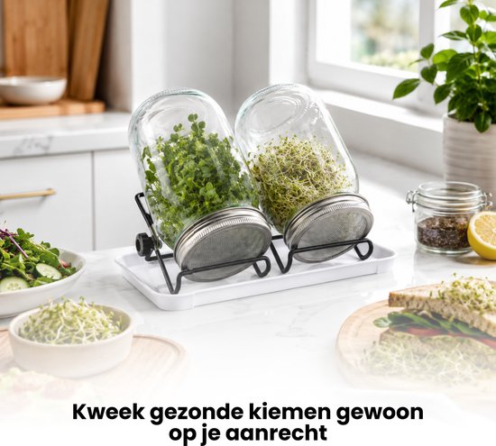 Kiemglas - 2 Stuks - 1000ML - Kiempot set - Groente kiemen - Kiempotten voor Kiemgroenten - Inclusief Houder