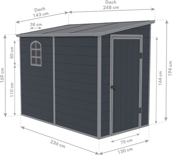 Westmann Kunststof Aanbouw Tuinschuur Hortus L -248x134x194cm - Grijs
