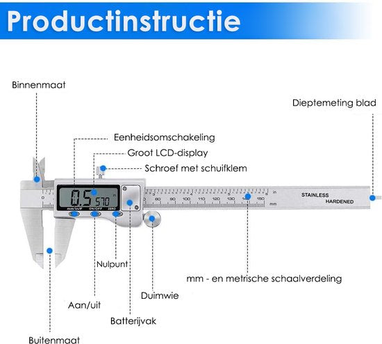 Digitale Schuifmaat - 150 mm Precisie Meting met LCD Display - Inclusief Opbergtas & Batterijen