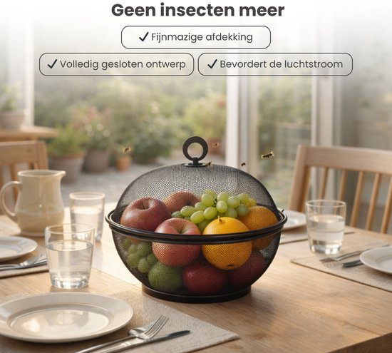 Fruitmand met Vliegenkap - Zwart - Diameter: 22,5 cm - Fruitopberger - Zwarte Fruitmand