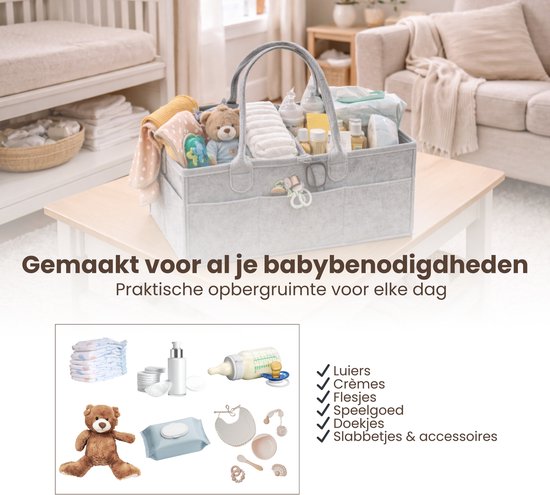 Luiertas Vilt - Grijs - Vilt - 32 x 22 x 19 cm - Luier Organizer - Draagbare Organiser met Handige Vakken - Verzorgingstas