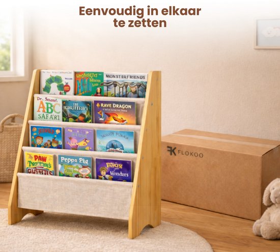 Kinderboekenkast - Bruin - Hout met Linnen - Kinderboekenrek - Boekenrek Kinderkamer