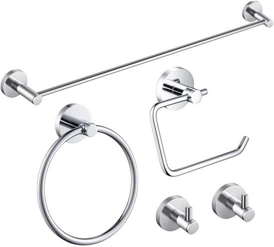 Badkamer Accessoire Set - Chroom – 4-delig – Handdoekstang, WC Rolhouder, Handdoekring & Haak – RVS – Wandbevestiging – Modern Design