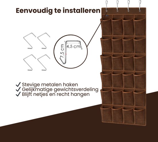 Schoenenkast Hangend - Schoenenzak 24 vakken - Opbergen van Schoenen aan Deur - Schoenenzak Bruin - Oplossing voor rondslingerende schoenen - Hoogwaardige Schoenenkast