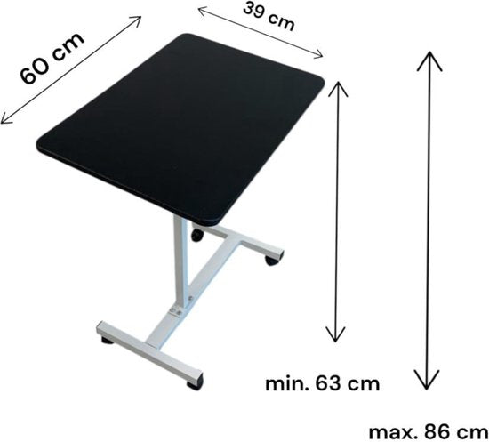 Laptoptafel op Wieltjes - 60 x 40 cm - In Hoogte Verstelbaar - Zwart - Wit - Ontbijttafel op Wielen - Bedtafel