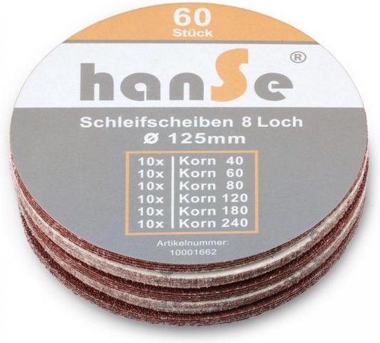 Voordeelpak 60x Schuurpapier rond – Ø125 mm – korrel 40/60/80/120/180/240 – 60 stuks totaal, 10 per korreltype - merk: Hanse Werkzeuge