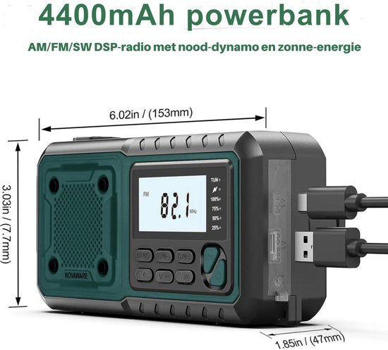 Draagbare NoodRadio Solar Opwindbaar - Powerbank Zonneenergie met - Noodpakket - Draagbare Radio