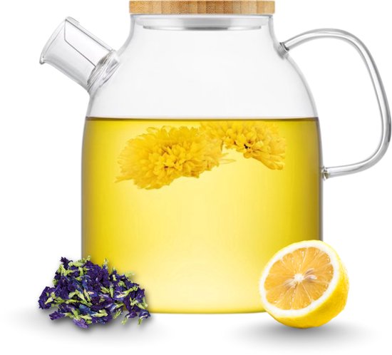 GREENKY® Glazen theepot met filter en bamboe deksel- Theekan - Duurzaam - Filter - Theehouder - Theeglas - Fruitkan - Schenkkan - Teapot - 1,6Liter - 1600ml