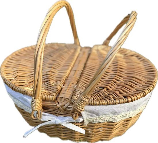 Luxe Ronde Rotan Picknickmand met Deksel en Binnenvoering – Handgemaakte Mand met Handgrepen en Kanten Rand – Perfect voor Picknick, Cadeau of Interieurdecoratie