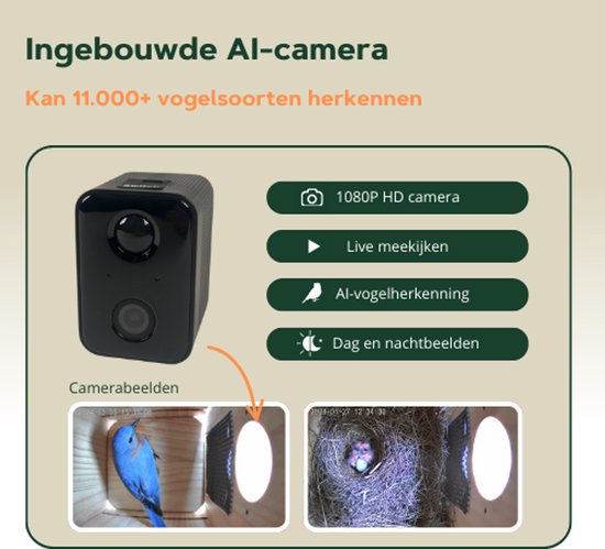 Vogelview Nestlife360 - Vogelhuisje met Camera - Hout - AI vogelherkenning - 1080p HD - Audio - Met zonnepaneel