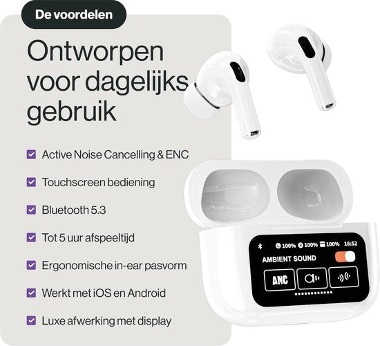 REBØNE® Oortjes Draadloos Bluetooth voor Samsung en iPhone – Draadloze Oordopjes met Touchscreen Oplaadcase – Draadloze Oortjes – Noise Cancelling Oordopjes Draadloos – Bluetooth Oortjes – Bluetooth Oordopjes – Earbuds – Earphones – Wit – Sport Pro